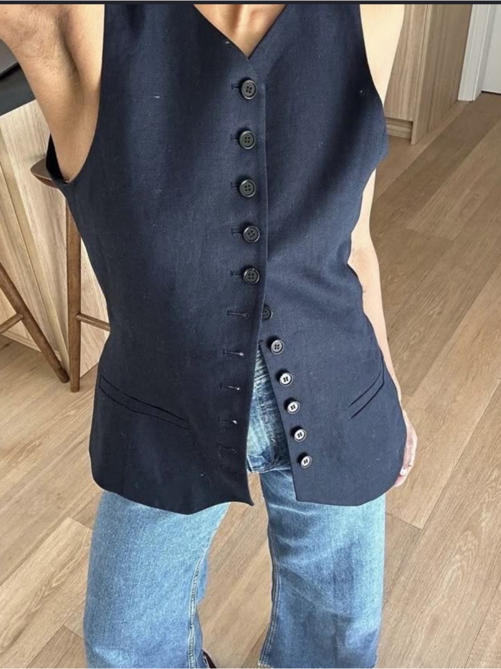 Zara Navy Longline Button Down Vest Waistcoat Women's Size S